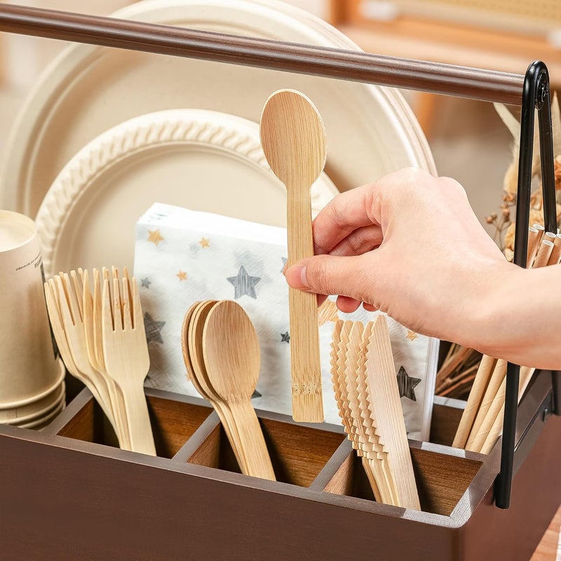 PTSTING Silverware Caddy with Handle Acacia Wood Utensil Holder Paper Plate Dispenser for Countertop Flatware Organizer Box for Spoons Forks Plates Cups Napkins - Image 3